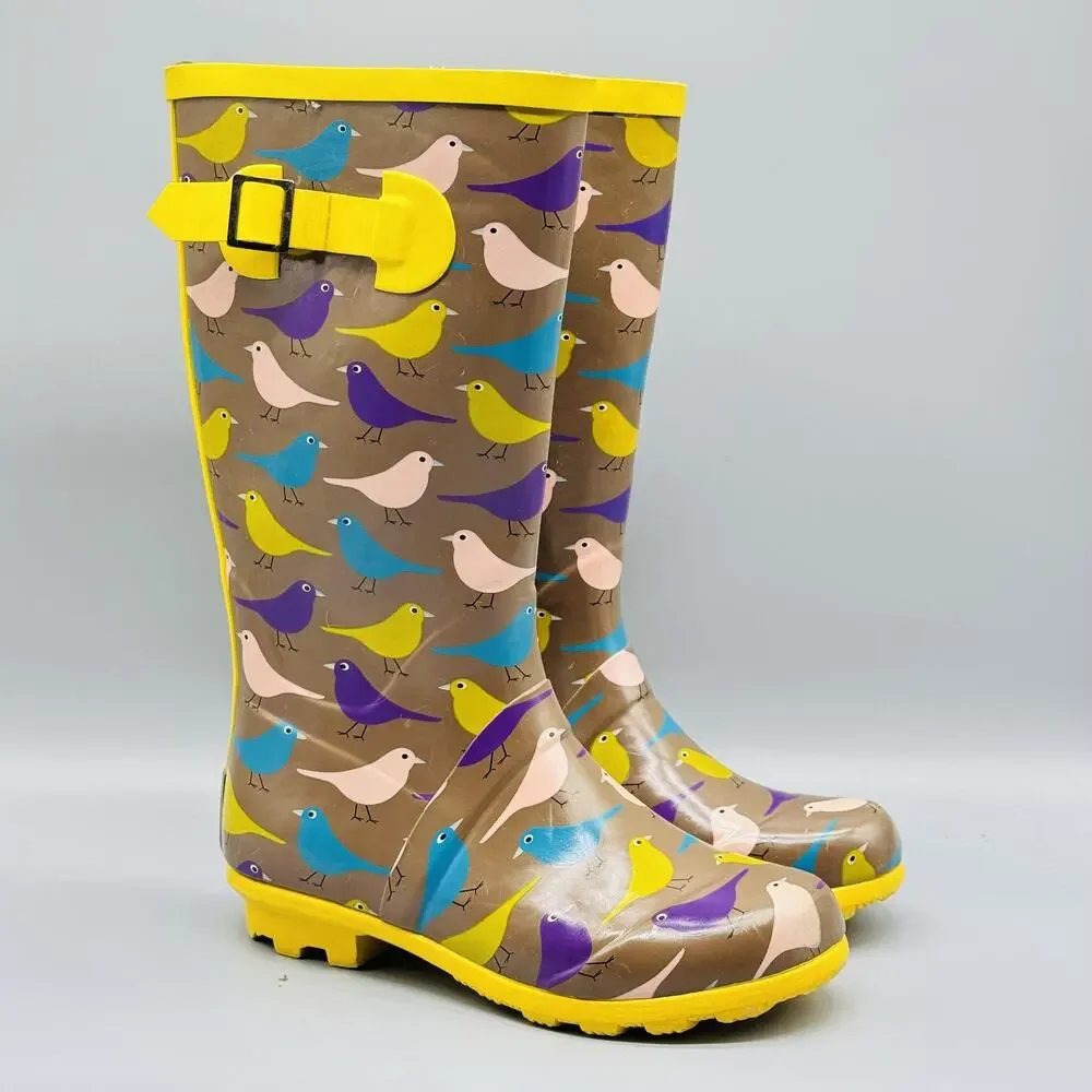 Mini Boden Boots Youth Girls 3 Yellow Brown Rain Bird Print Rubber Tall